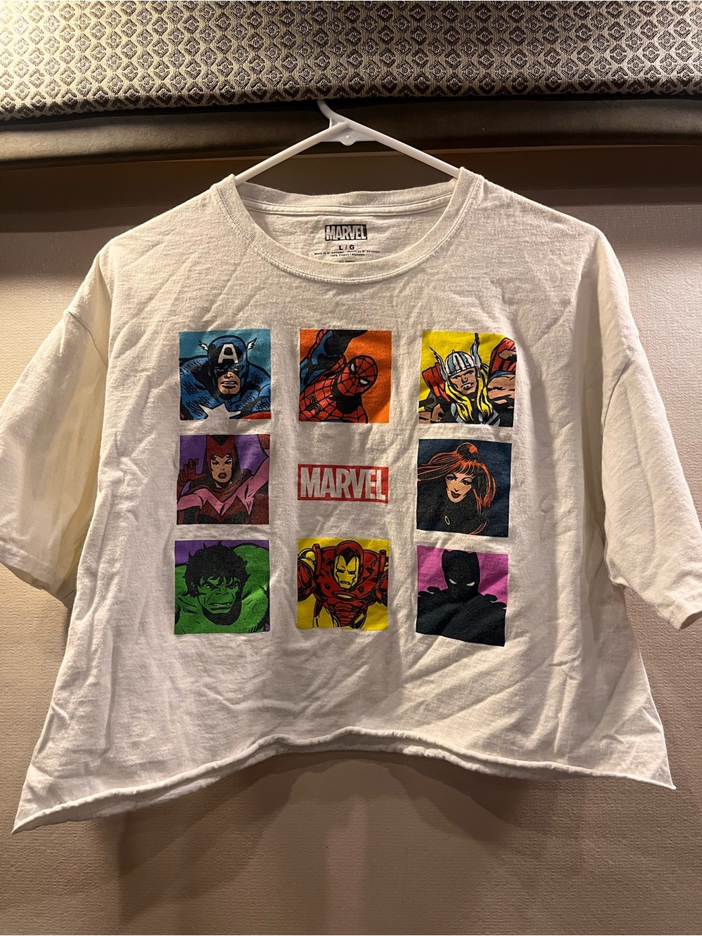 Marvel White Crop Top with Multicolor Superhero Grid